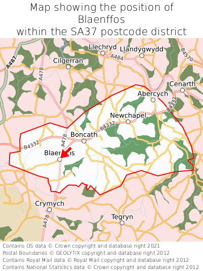 Map showing location of Blaenffos within SA37