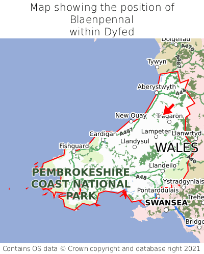 Map showing location of Blaenpennal within Dyfed