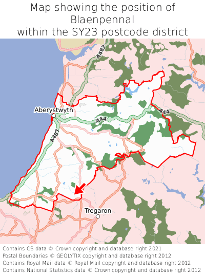 Map showing location of Blaenpennal within SY23