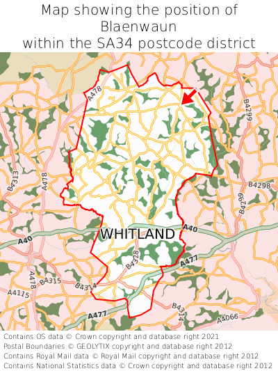 Map showing location of Blaenwaun within SA34