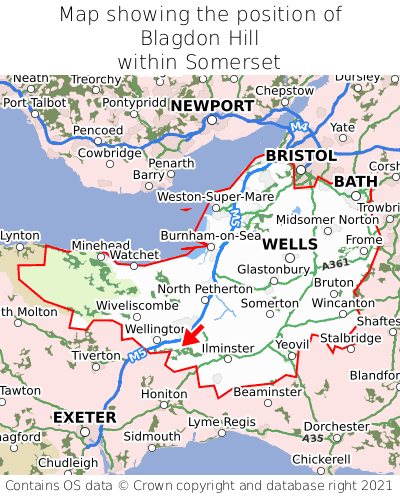 Map showing location of Blagdon Hill within Somerset