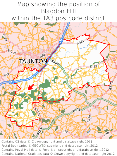 Map showing location of Blagdon Hill within TA3