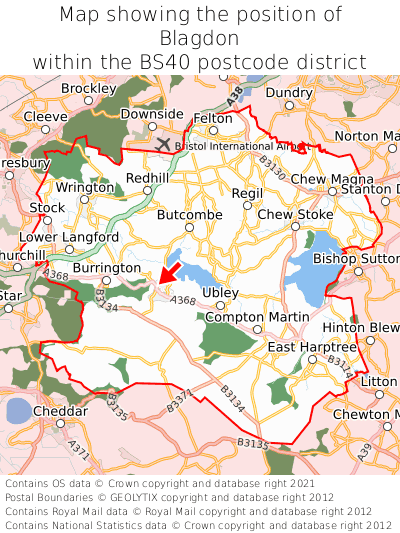 Map showing location of Blagdon within BS40