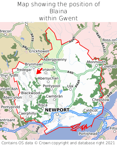 Map showing location of Blaina within Gwent
