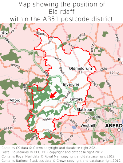 Map showing location of Blairdaff within AB51