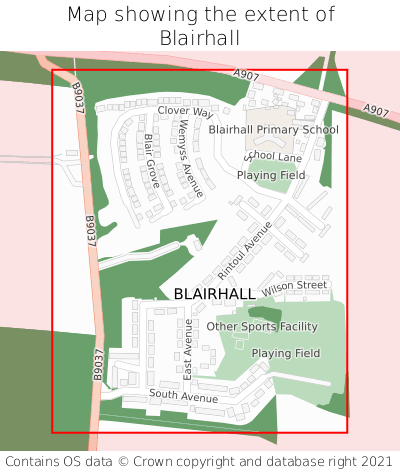 Map showing extent of Blairhall as bounding box