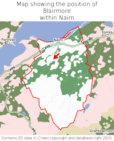 Map showing location of Blairmore within Nairn