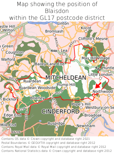 Map showing location of Blaisdon within GL17