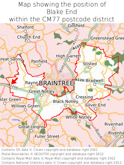 Map showing location of Blake End within CM77