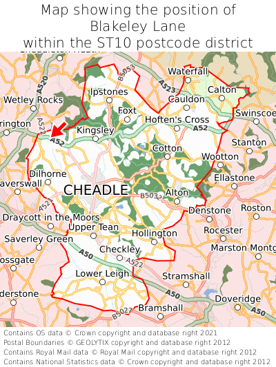 Map showing location of Blakeley Lane within ST10