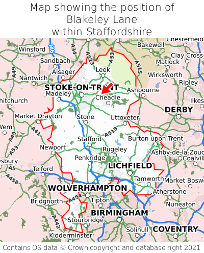 Map showing location of Blakeley Lane within Staffordshire