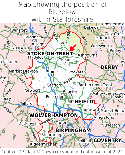Map showing location of Blakelow within Staffordshire