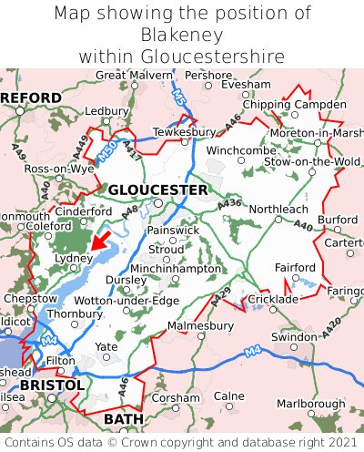 Map showing location of Blakeney within Gloucestershire