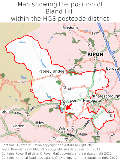 Map showing location of Bland Hill within HG3