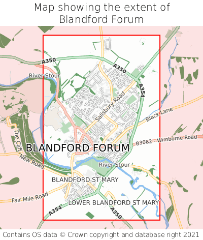 Map showing extent of Blandford Forum as bounding box