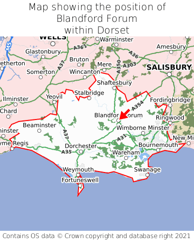 Map showing location of Blandford Forum within Dorset