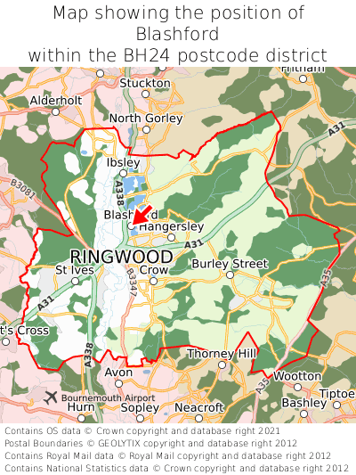 Map showing location of Blashford within BH24