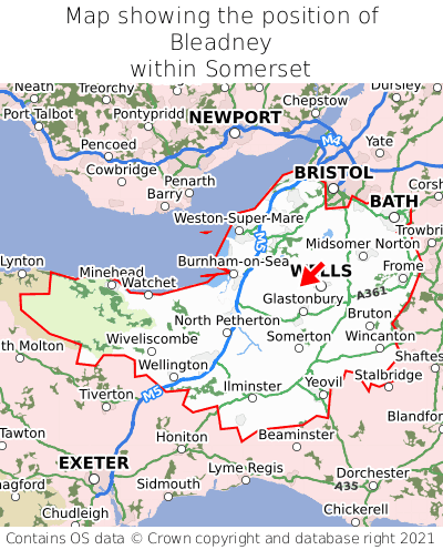 Map showing location of Bleadney within Somerset
