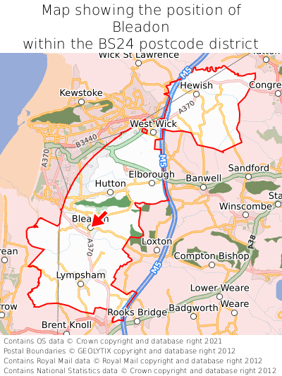 Map showing location of Bleadon within BS24