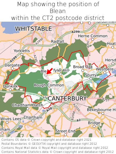 Map showing location of Blean within CT2