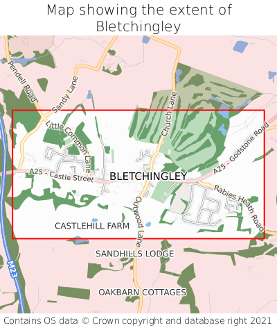 Map showing extent of Bletchingley as bounding box