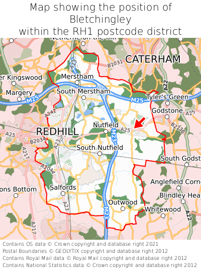 Map showing location of Bletchingley within RH1