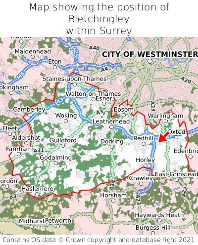 Map showing location of Bletchingley within Surrey