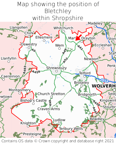 Map showing location of Bletchley within Shropshire