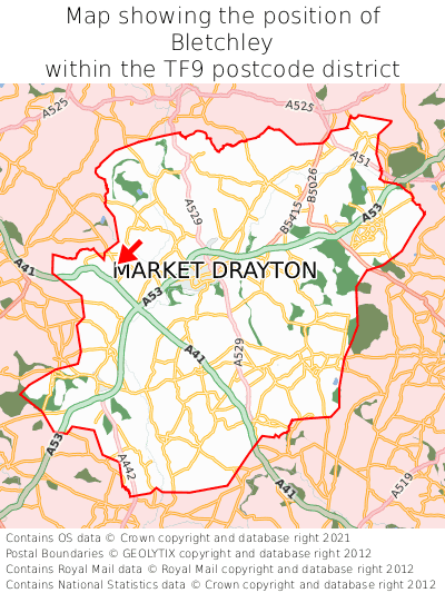 Map showing location of Bletchley within TF9