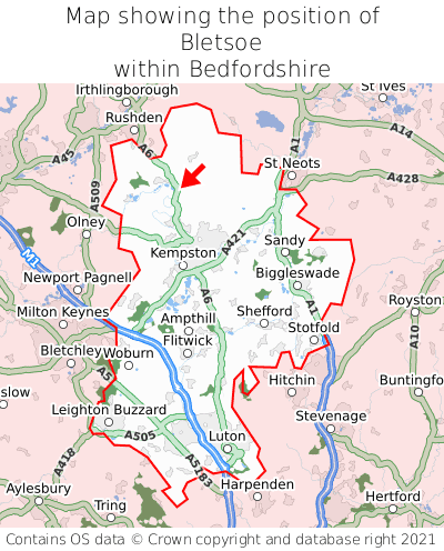 Map showing location of Bletsoe within Bedfordshire