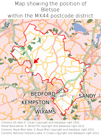 Map showing location of Bletsoe within MK44