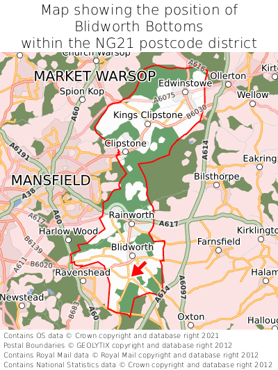 Map showing location of Blidworth Bottoms within NG21