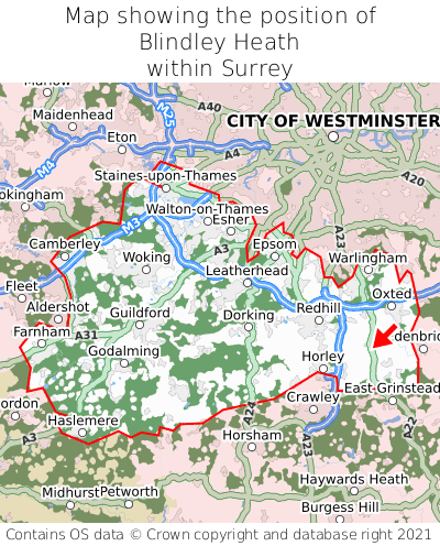 Map showing location of Blindley Heath within Surrey