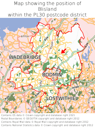 Map showing location of Blisland within PL30