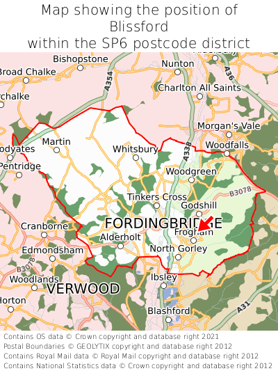 Map showing location of Blissford within SP6