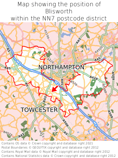 Map showing location of Blisworth within NN7