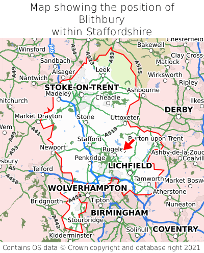 Map showing location of Blithbury within Staffordshire