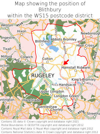 Map showing location of Blithbury within WS15