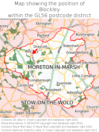 Map showing location of Blockley within GL56