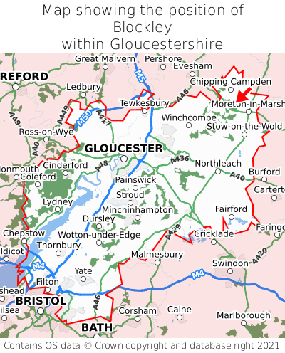 Map showing location of Blockley within Gloucestershire