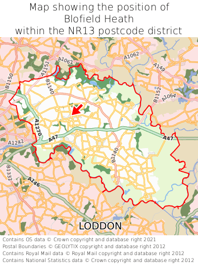 Map showing location of Blofield Heath within NR13
