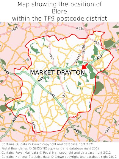 Map showing location of Blore within TF9