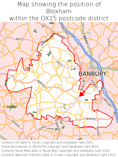 Map showing location of Bloxham within OX15