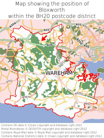 Map showing location of Bloxworth within BH20