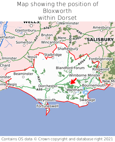 Map showing location of Bloxworth within Dorset