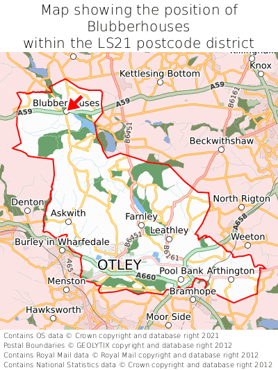 Map showing location of Blubberhouses within LS21