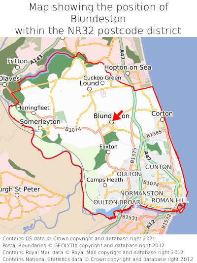 Map showing location of Blundeston within NR32