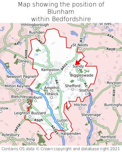 Map showing location of Blunham within Bedfordshire