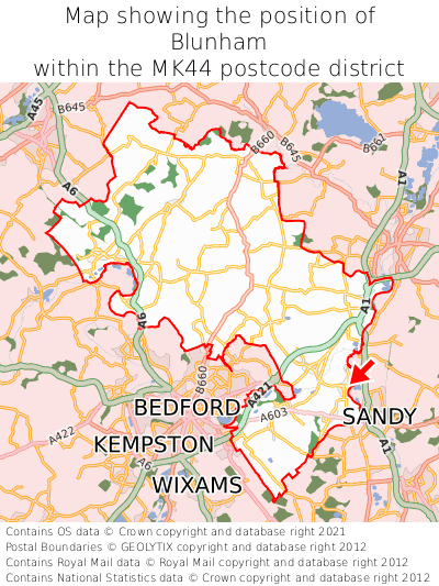 Map showing location of Blunham within MK44