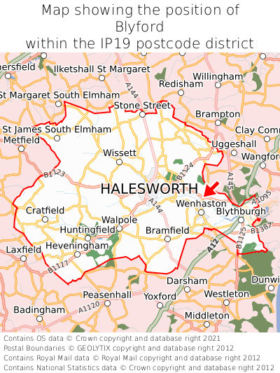 Map showing location of Blyford within IP19